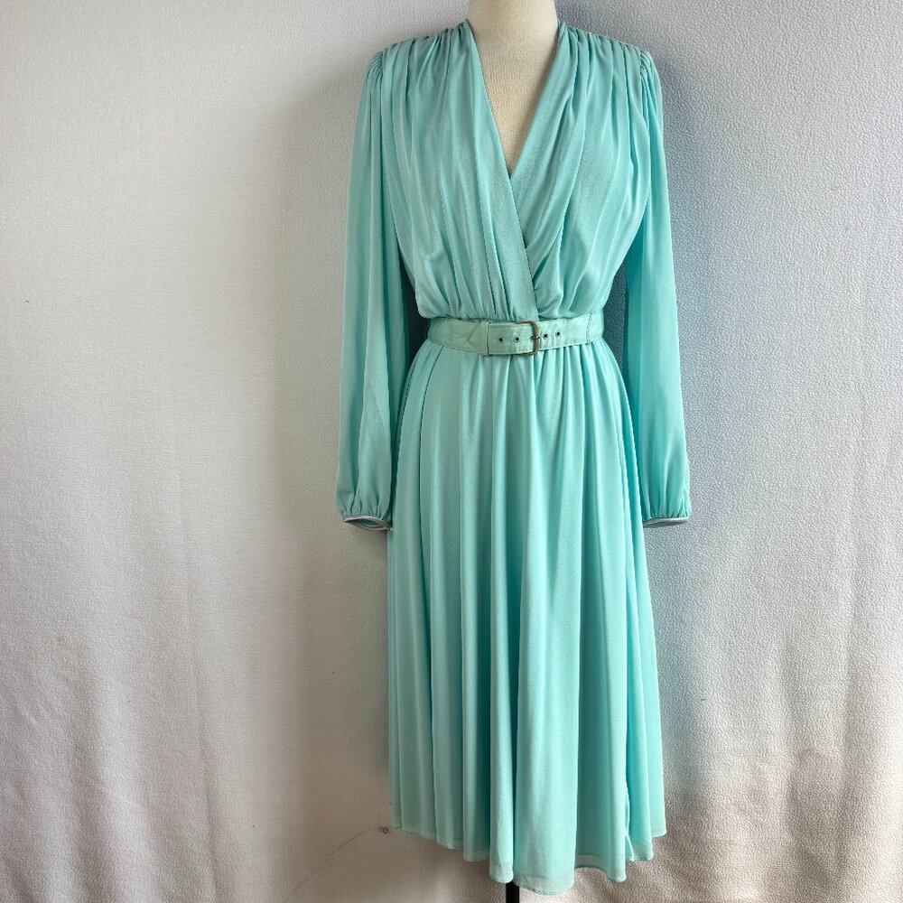 Vintage 1980s Aqua Polyester Draped Flared Dress
